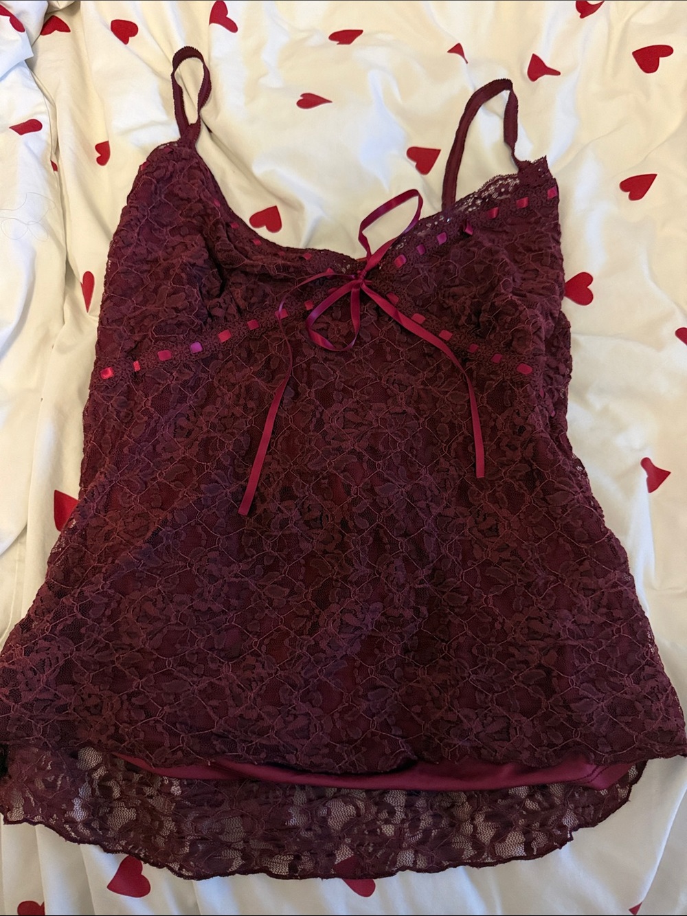 Kimchi Blue Burgundy Lace Chemise Tank with Ribbon Detail